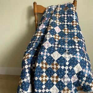 Vintage Nine Patch Quilt Blue Brown Calico 70x80 Hand Quilted Primitive Wear